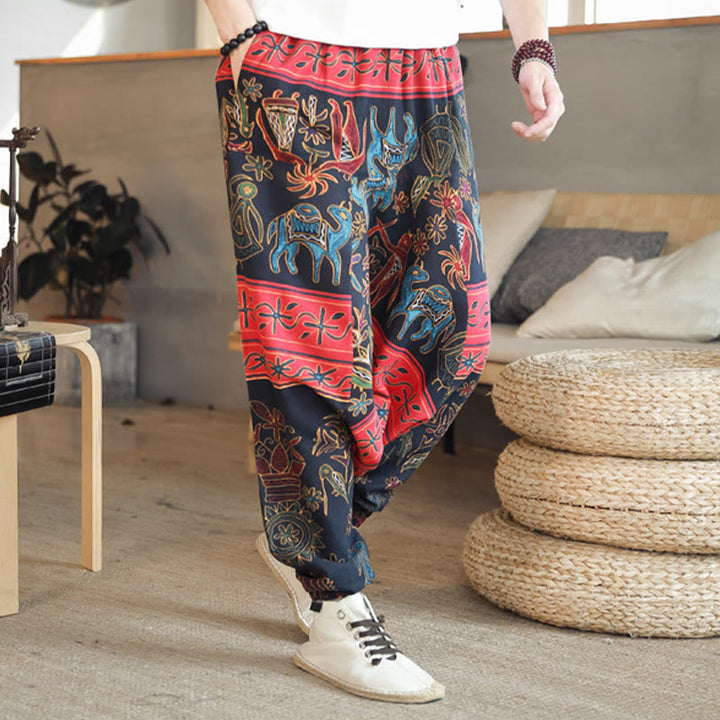 Pantaloni harem da uomo in cotone con tasche e motivo a cammello colorato Buddha Stones