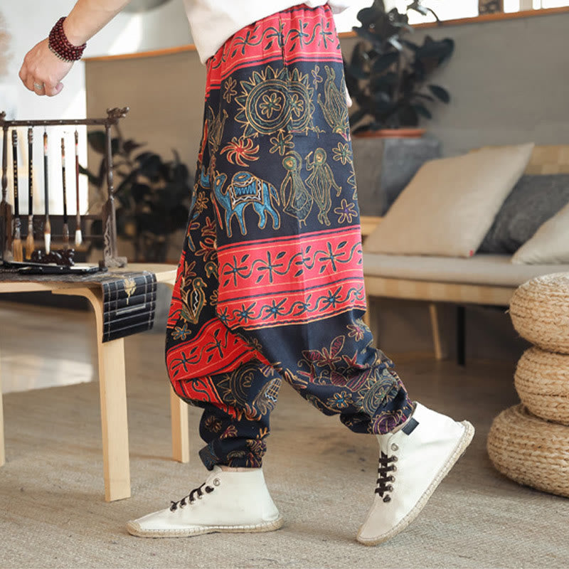 Pantaloni harem da uomo in cotone con tasche e motivo a cammello colorato Buddha Stones
