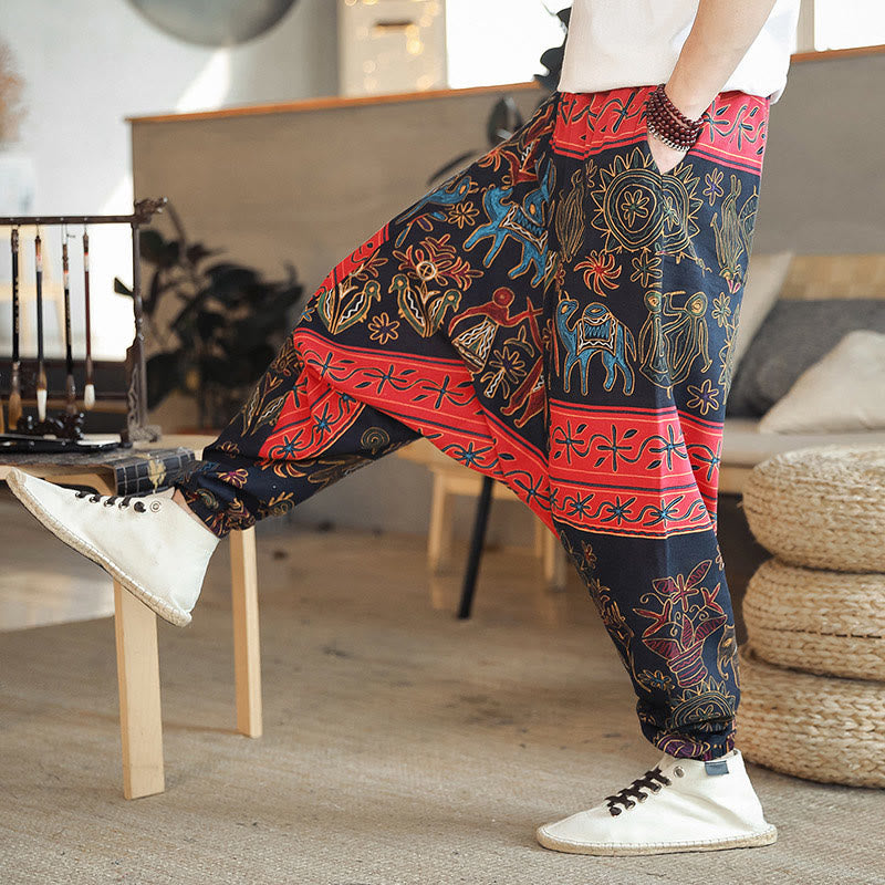 Pantaloni harem da uomo in cotone con tasche e motivo a cammello colorato Buddha Stones - Nero - US/UK/AU42, EU52 (3XL) - image 0