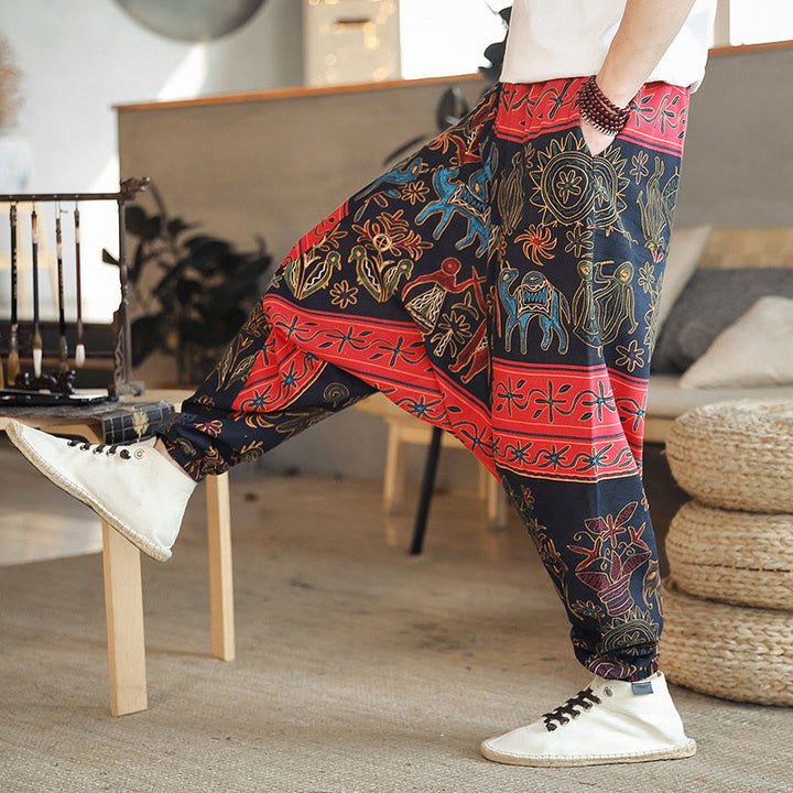 Pantaloni harem da uomo in cotone con tasche e motivo a cammello colorato Buddha Stones - Nero - US/UK/AU42, EU52 (3XL) - image 0