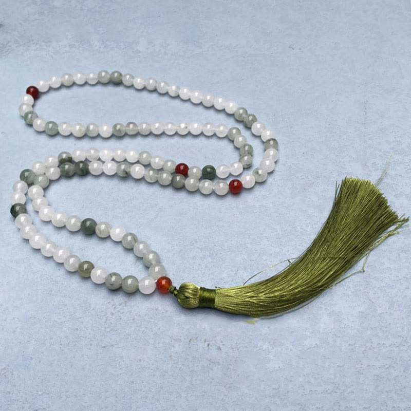 Buddha Stones 108 Mala Beads Braccialetto portafortuna con nappa in giada naturale Tianshan
