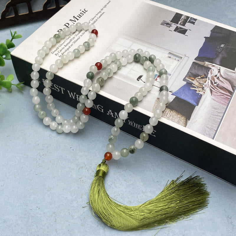Buddha Stones 108 Mala Beads Braccialetto portafortuna con nappa in giada naturale Tianshan