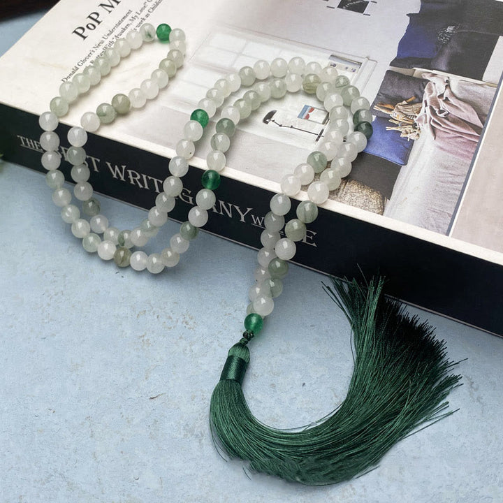 Buddha Stones 108 Mala Beads Braccialetto portafortuna con nappa in giada naturale Tianshan