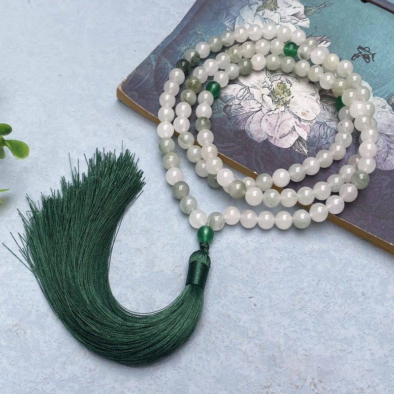 Buddha Stones 108 Mala Beads Braccialetto portafortuna con nappa in giada naturale Tianshan