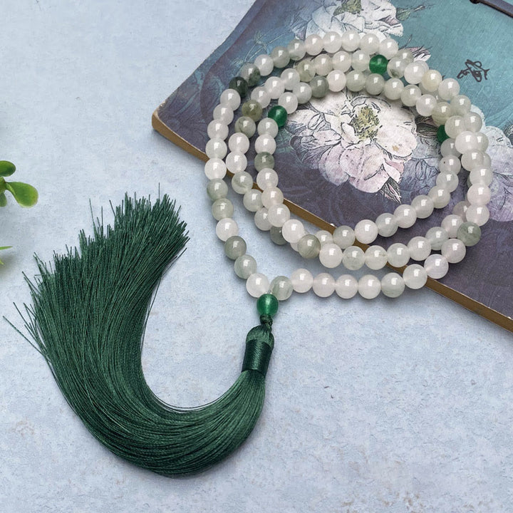Buddha Stones 108 Mala Beads Braccialetto portafortuna con nappa in giada naturale Tianshan