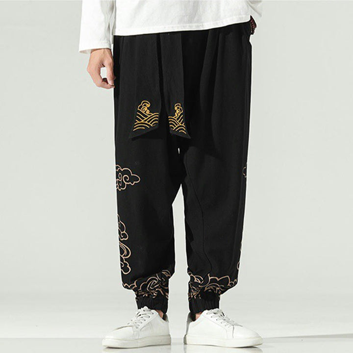 Pantaloni harem da uomo in cotone e lino con coulisse, con tasche , Buddha Stones, nuvole di buon auspicio
