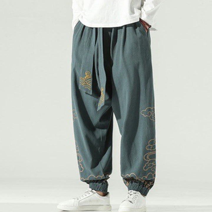 Pantaloni harem da uomo in cotone e lino con coulisse, con tasche , Buddha Stones, nuvole di buon auspicio