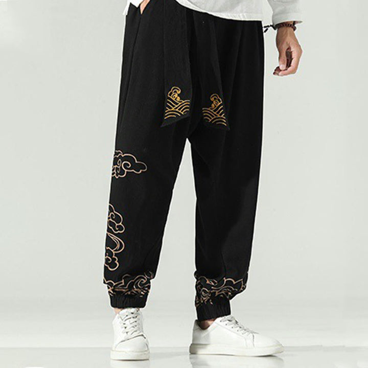 Pantaloni harem da uomo in cotone e lino con coulisse, con tasche , Buddha Stones, nuvole di buon auspicio