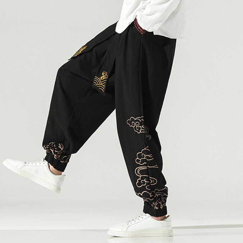Pantaloni harem da uomo in cotone e lino con coulisse, con tasche , Buddha Stones, nuvole di buon auspicio