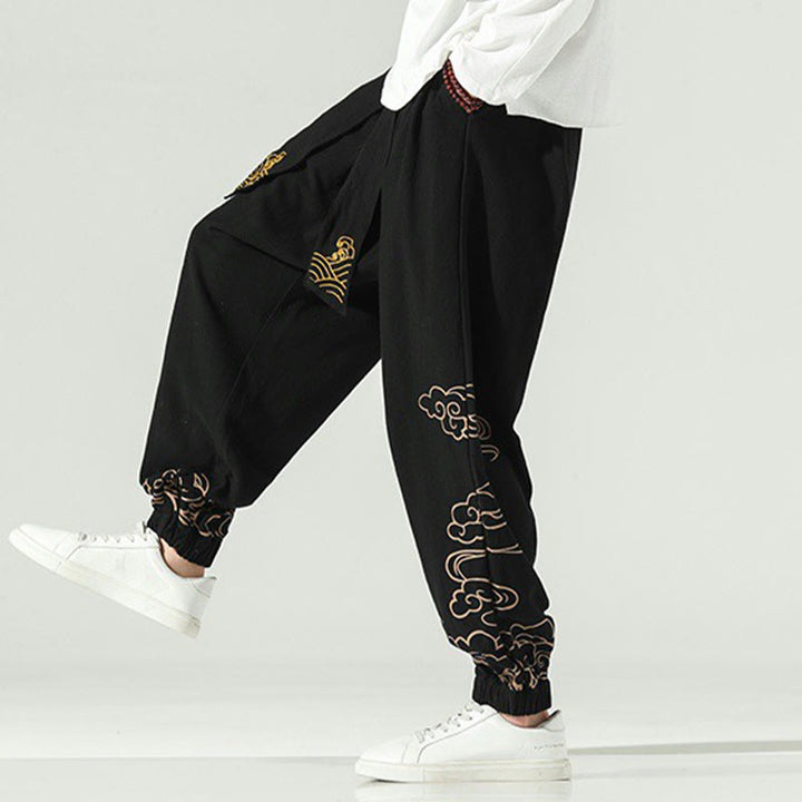 Pantaloni harem da uomo in cotone e lino con coulisse, con tasche , Buddha Stones, nuvole di buon auspicio