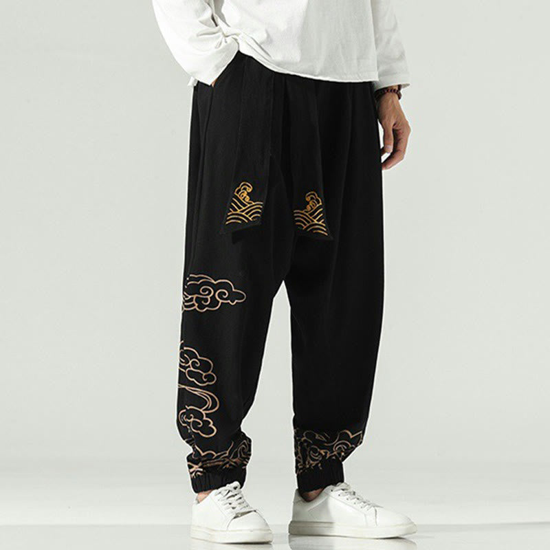 Pantaloni harem da uomo in cotone e lino con coulisse, con tasche , Buddha Stones, nuvole di buon auspicio