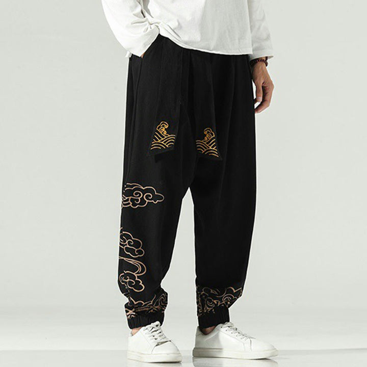 Pantaloni harem da uomo in cotone e lino con coulisse, con tasche , Buddha Stones, nuvole di buon auspicio