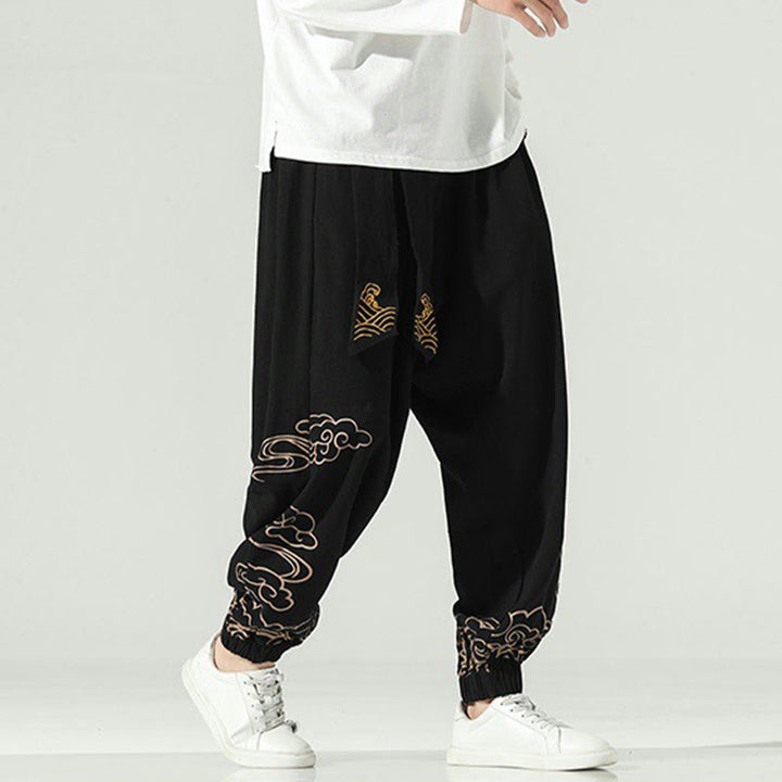 Pantaloni harem da uomo in cotone e lino con coulisse, con tasche , Buddha Stones, nuvole di buon auspicio