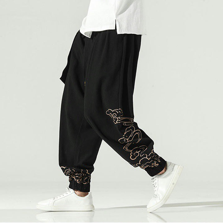 Pantaloni harem da uomo in cotone e lino con coulisse, con tasche , Buddha Stones, nuvole di buon auspicio
