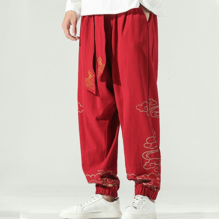 Pantaloni harem da uomo in cotone e lino con coulisse, con tasche , Buddha Stones, nuvole di buon auspicio