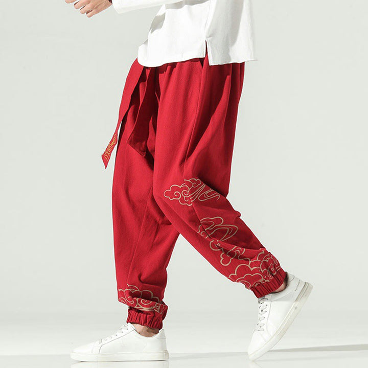 Pantaloni harem da uomo in cotone e lino con coulisse, con tasche , Buddha Stones, nuvole di buon auspicio
