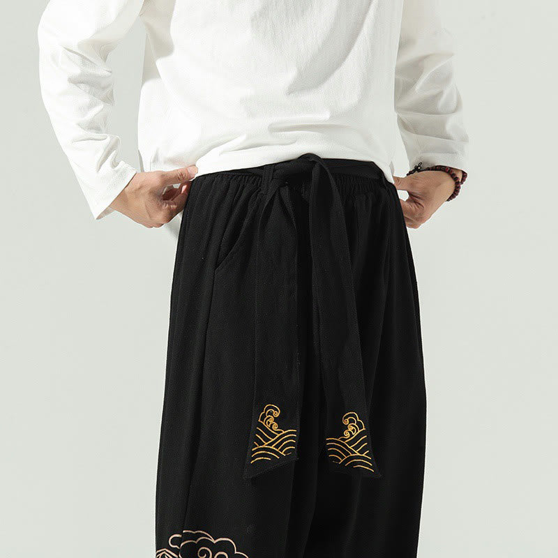 Pantaloni harem da uomo in cotone e lino con coulisse, con tasche , Buddha Stones, nuvole di buon auspicio