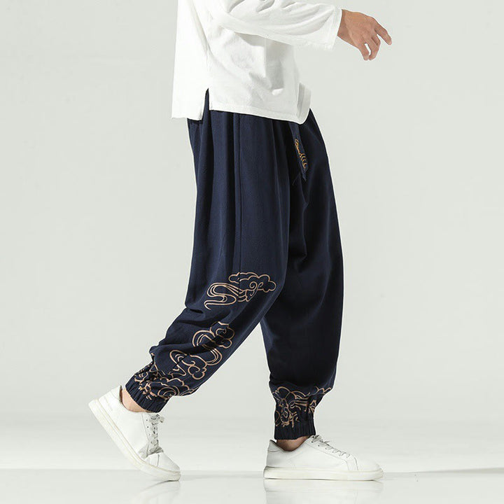 Pantaloni harem da uomo in cotone e lino con coulisse, con tasche , Buddha Stones, nuvole di buon auspicio
