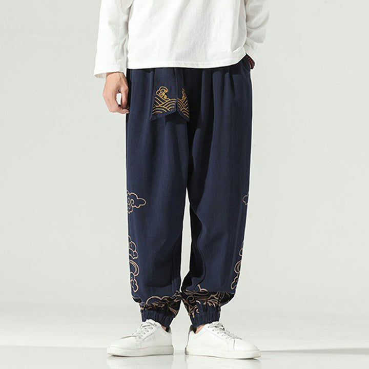 Pantaloni harem da uomo in cotone e lino con coulisse, con tasche , Buddha Stones, nuvole di buon auspicio