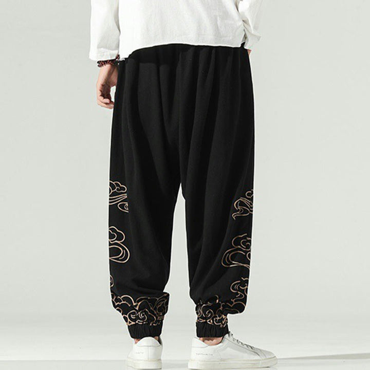 Pantaloni harem da uomo in cotone e lino con coulisse, con tasche , Buddha Stones, nuvole di buon auspicio