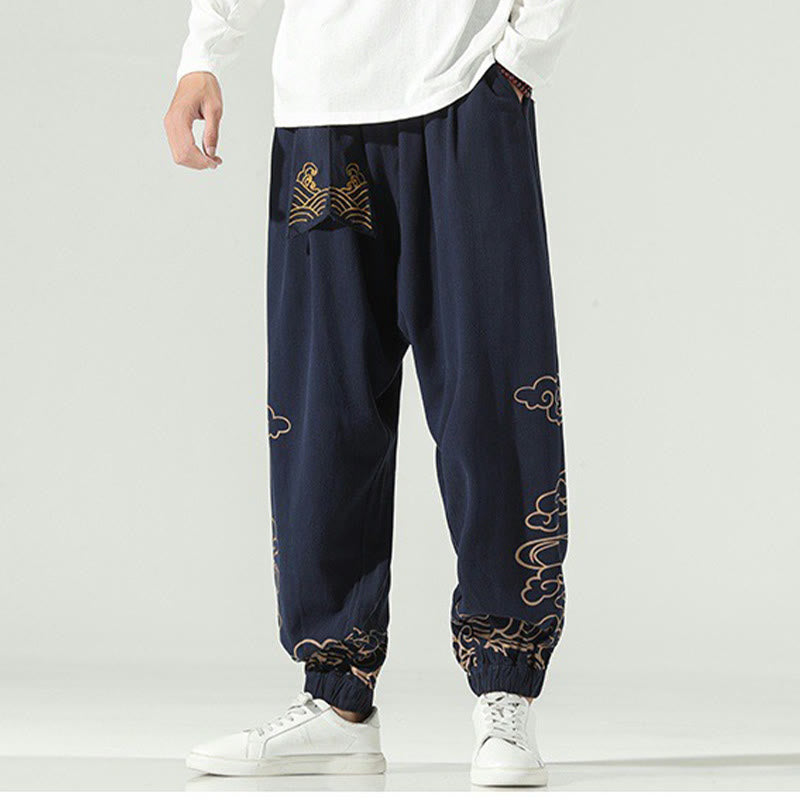 Pantaloni harem da uomo in cotone e lino con coulisse, con tasche , Buddha Stones, nuvole di buon auspicio
