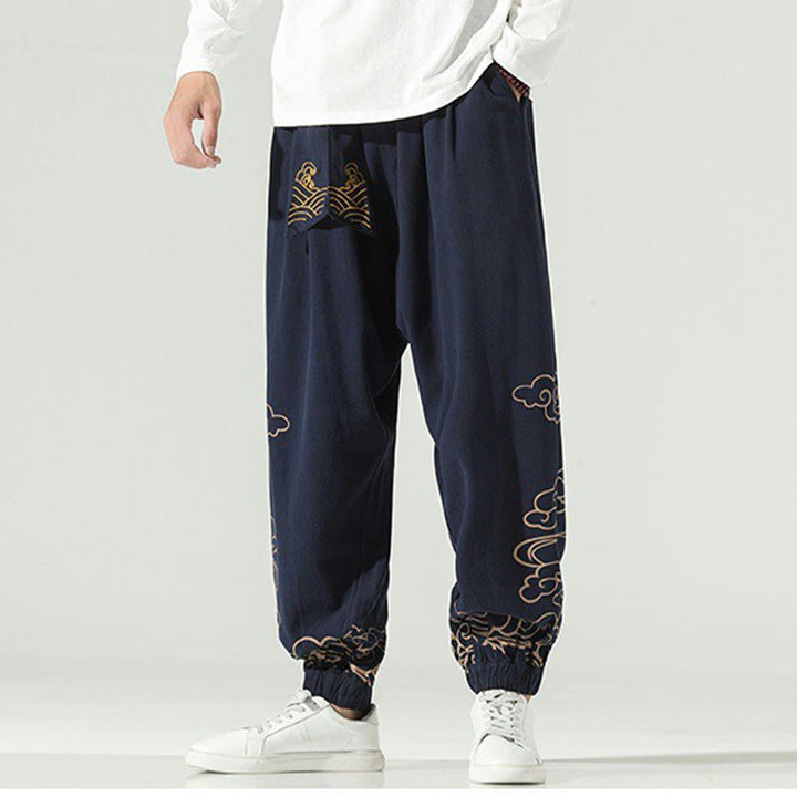 Pantaloni harem da uomo in cotone e lino con coulisse, con tasche , Buddha Stones, nuvole di buon auspicio