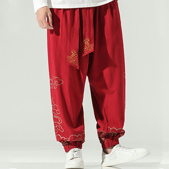 Pantaloni harem da uomo in cotone e lino con coulisse, con tasche , Buddha Stones, nuvole di buon auspicio