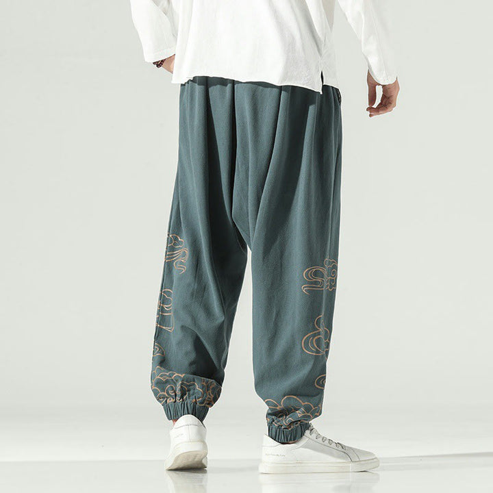 Pantaloni harem da uomo in cotone e lino con coulisse, con tasche , Buddha Stones, nuvole di buon auspicio