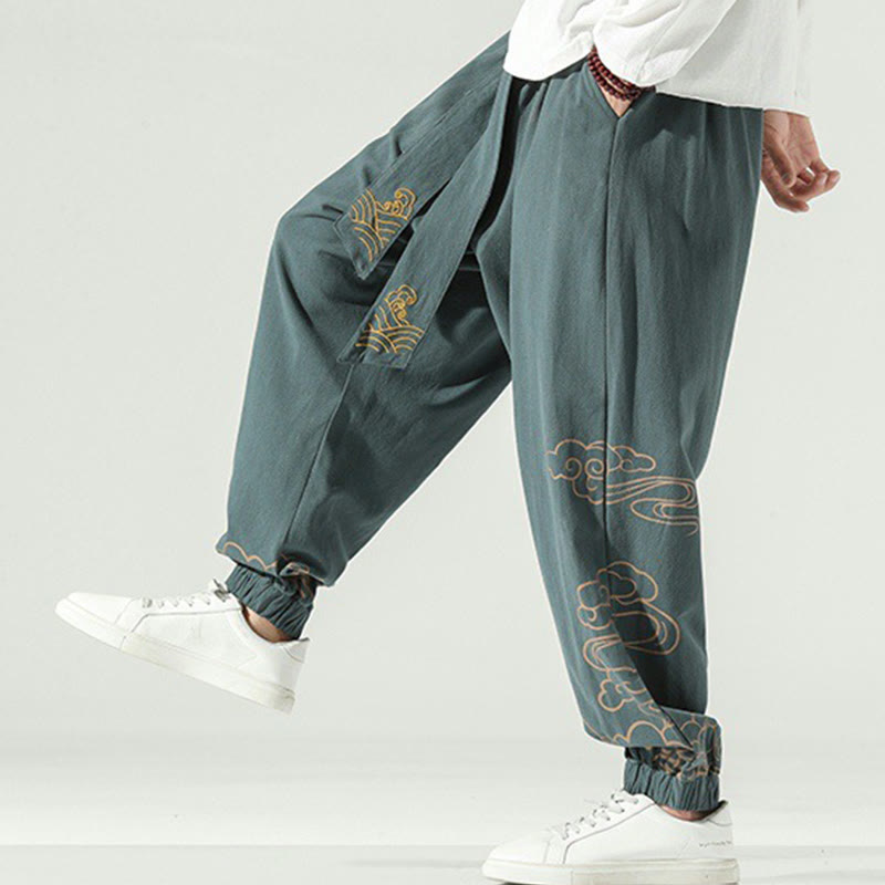 Pantaloni harem da uomo in cotone e lino con coulisse, con tasche , Buddha Stones, nuvole di buon auspicio