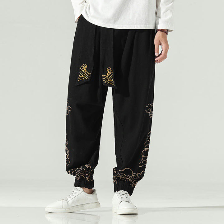 Pantaloni harem da uomo in cotone e lino con coulisse, con tasche , Buddha Stones, nuvole di buon auspicio - Nero - US/UK/AU46, EU56 (5XL) - image 0