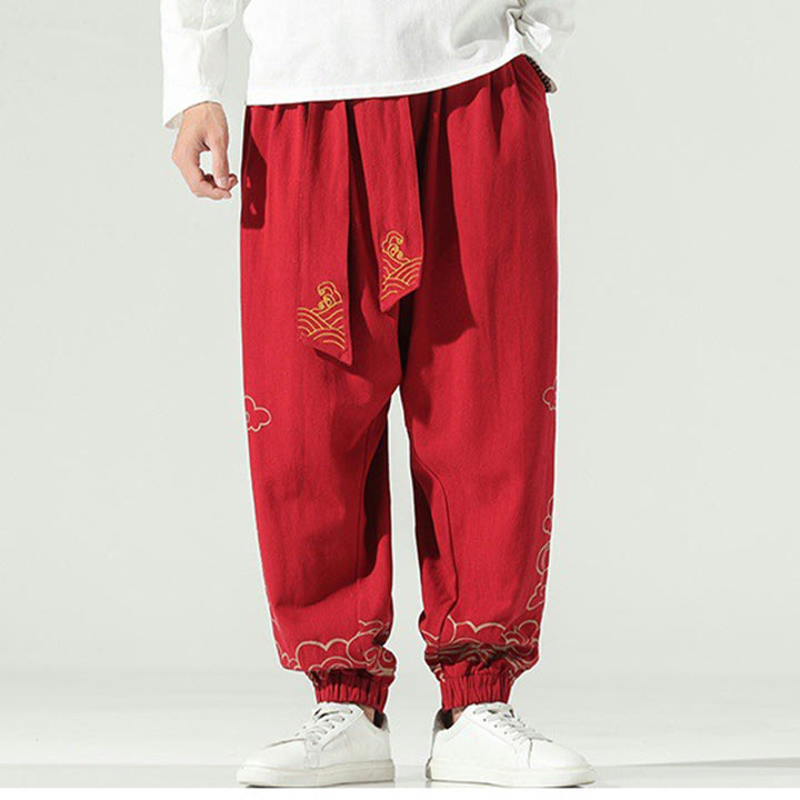Pantaloni harem da uomo in cotone e lino con coulisse, con tasche , Buddha Stones, nuvole di buon auspicio