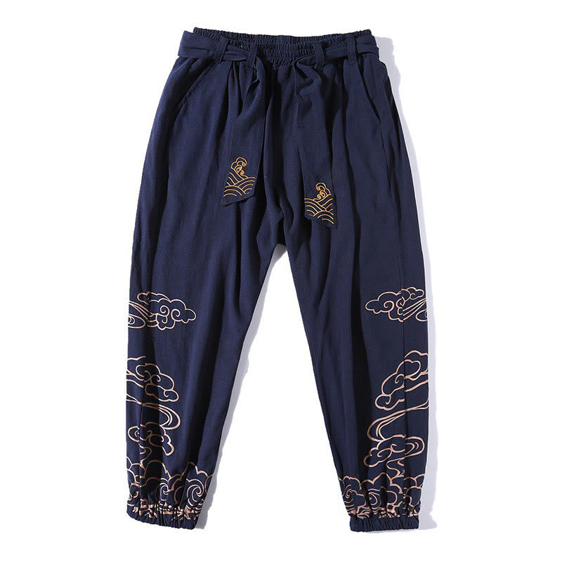 Pantaloni harem da uomo in cotone e lino con coulisse, con tasche , Buddha Stones, nuvole di buon auspicio