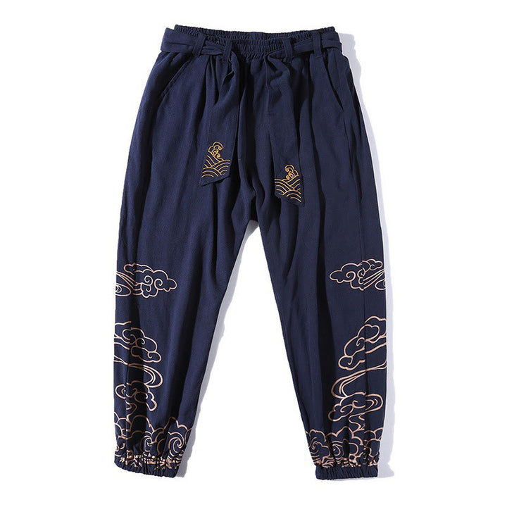 Pantaloni harem da uomo in cotone e lino con coulisse, con tasche , Buddha Stones, nuvole di buon auspicio