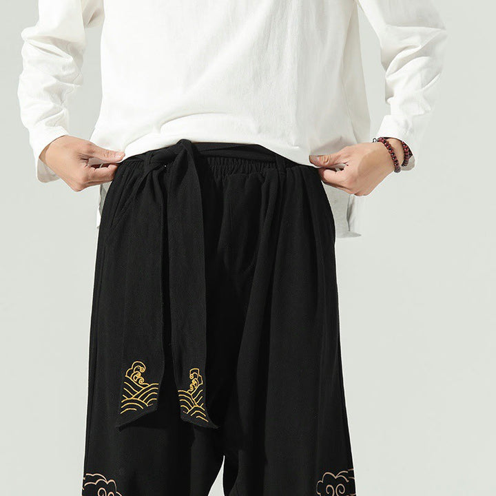 Pantaloni harem da uomo in cotone e lino con coulisse, con tasche , Buddha Stones, nuvole di buon auspicio