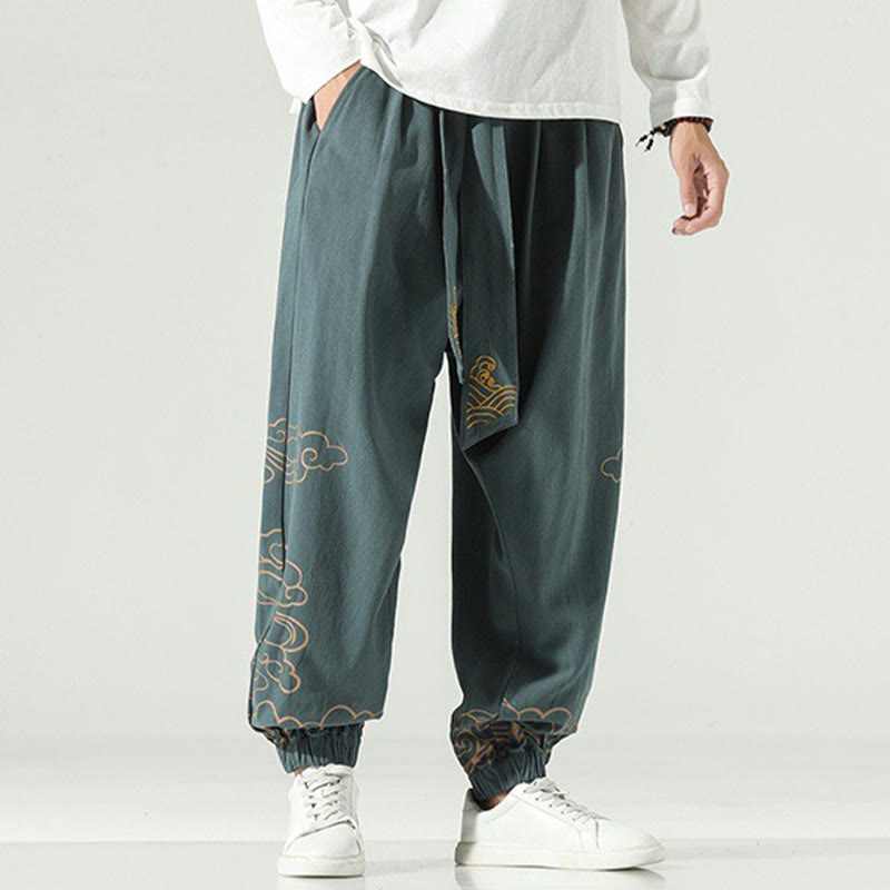 Pantaloni harem da uomo in cotone e lino con coulisse, con tasche , Buddha Stones, nuvole di buon auspicio