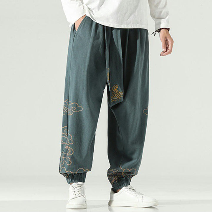 Pantaloni harem da uomo in cotone e lino con coulisse, con tasche , Buddha Stones, nuvole di buon auspicio