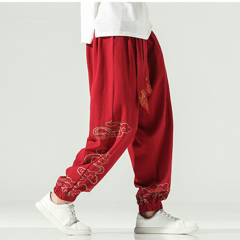 Pantaloni harem da uomo in cotone e lino con coulisse, con tasche , Buddha Stones, nuvole di buon auspicio