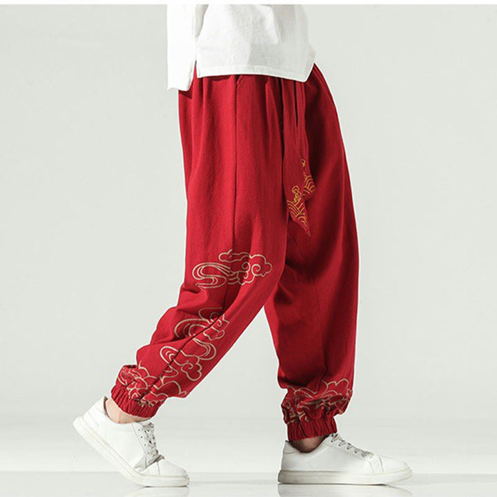 Pantaloni harem da uomo in cotone e lino con coulisse, con tasche , Buddha Stones, nuvole di buon auspicio