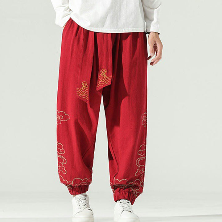 Pantaloni harem da uomo in cotone e lino con coulisse, con tasche , Buddha Stones, nuvole di buon auspicio