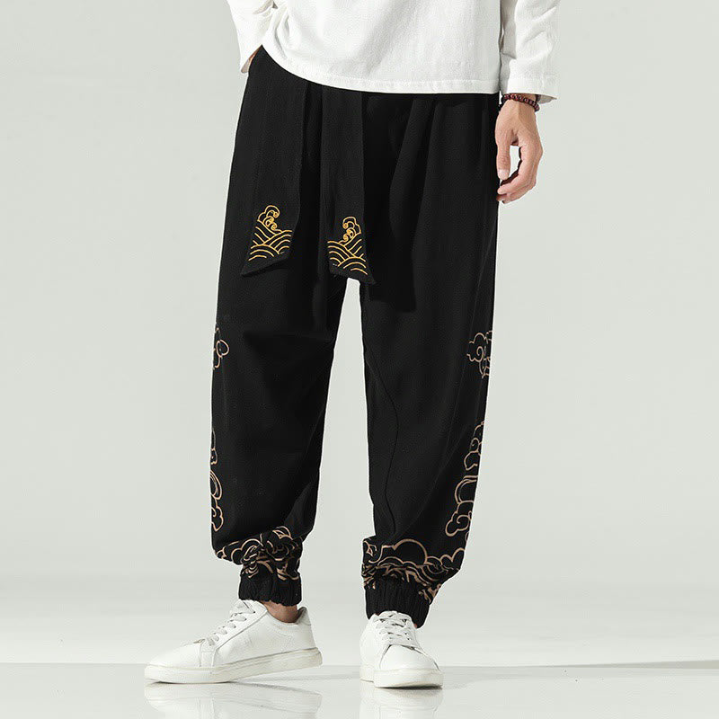 Pantaloni harem da uomo in cotone e lino con coulisse, con tasche , Buddha Stones, nuvole di buon auspicio - Nero - US/UK/AU46, EU56 (5XL) - image 0