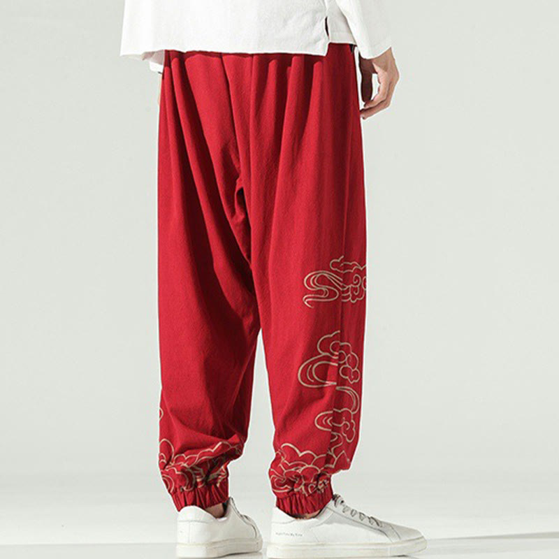 Pantaloni harem da uomo in cotone e lino con coulisse, con tasche , Buddha Stones, nuvole di buon auspicio