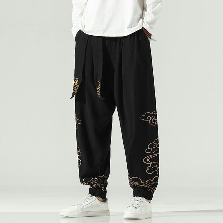 Pantaloni harem da uomo in cotone e lino con coulisse, con tasche , Buddha Stones, nuvole di buon auspicio