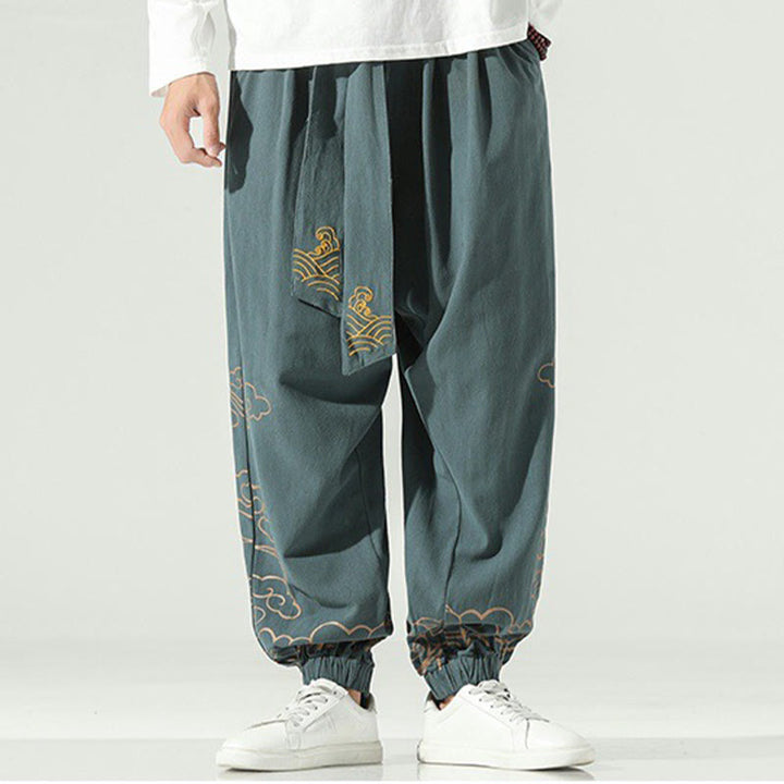 Pantaloni harem da uomo in cotone e lino con coulisse, con tasche , Buddha Stones, nuvole di buon auspicio