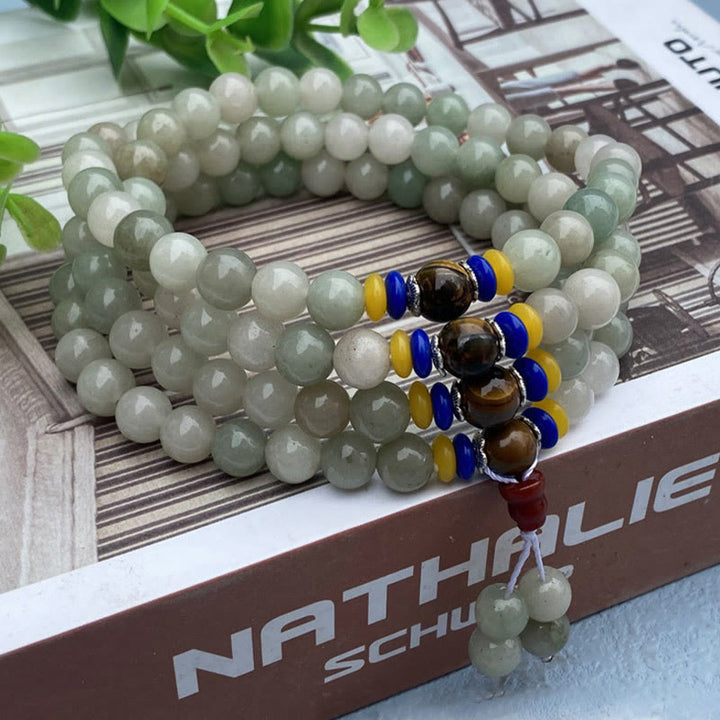 Bracciale con 108 perle Mala Buddha Stones , giada Shetai naturale, fortuna e prosperità