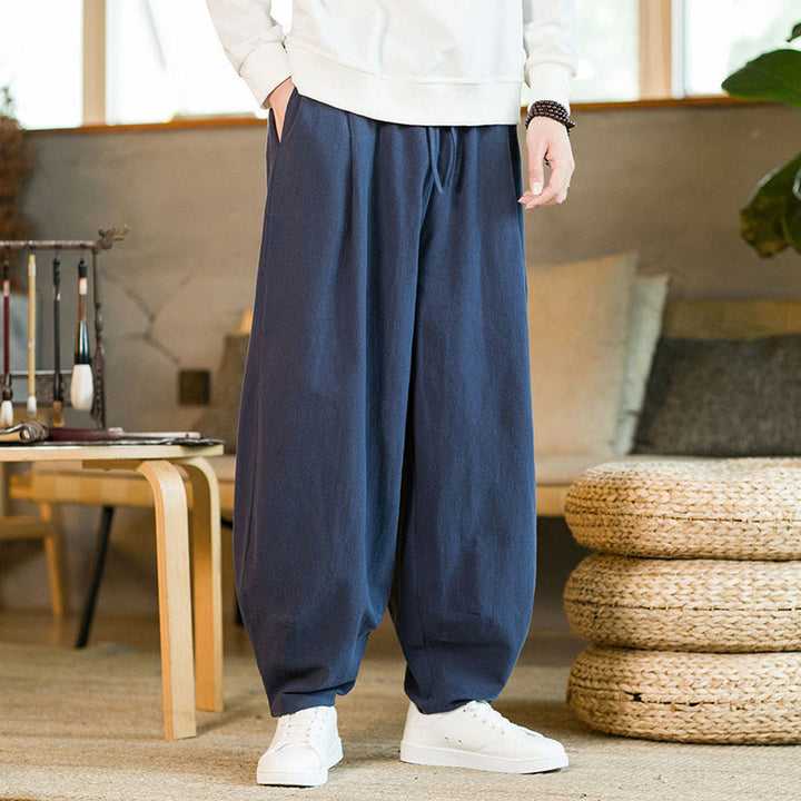Pantaloni harem da uomo in cotone e lino tinta unita con coulisse e tasche, motivo Buddha Stones