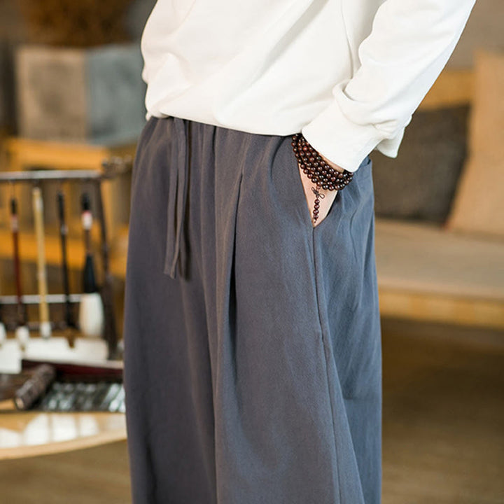 Pantaloni harem da uomo in cotone e lino tinta unita con coulisse e tasche, motivo Buddha Stones