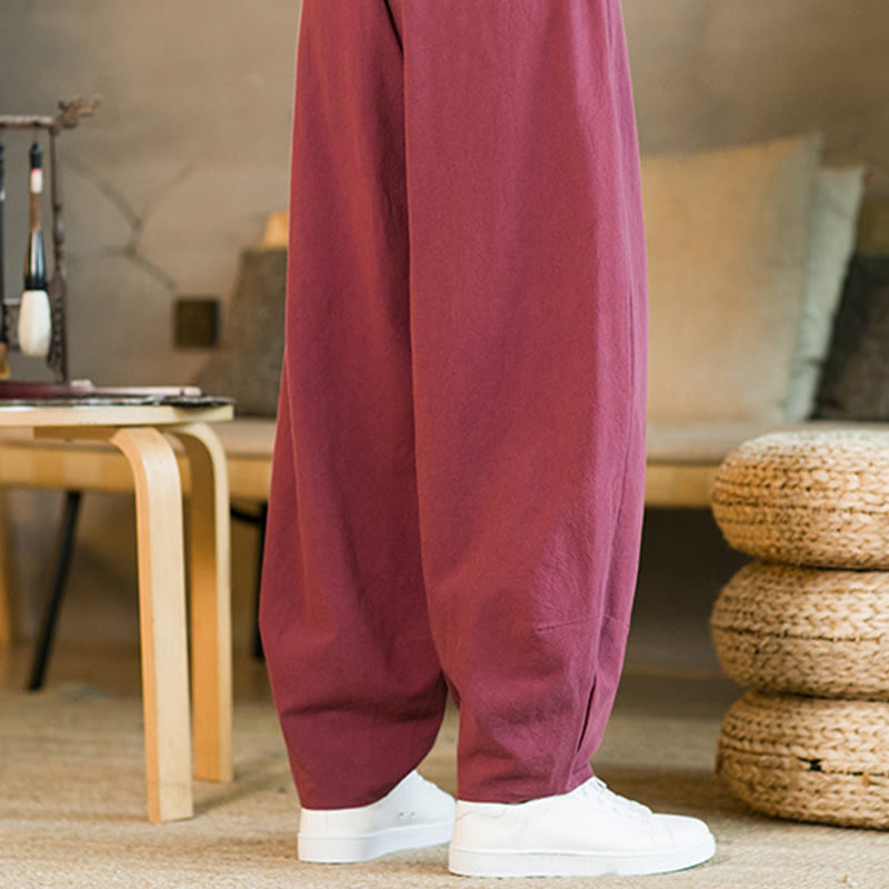 Pantaloni harem da uomo in cotone e lino tinta unita con coulisse e tasche, motivo Buddha Stones