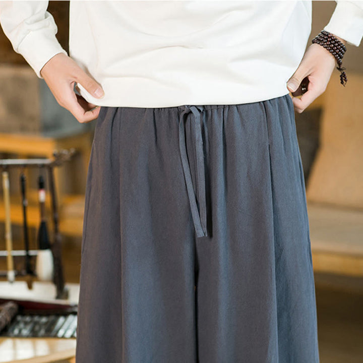 Pantaloni harem da uomo in cotone e lino tinta unita con coulisse e tasche, motivo Buddha Stones