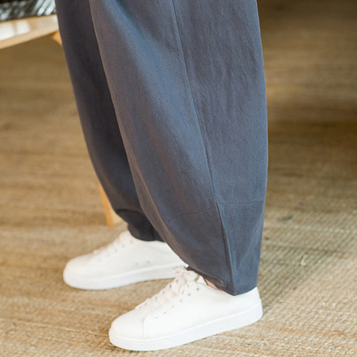 Pantaloni harem da uomo in cotone e lino tinta unita con coulisse e tasche, motivo Buddha Stones