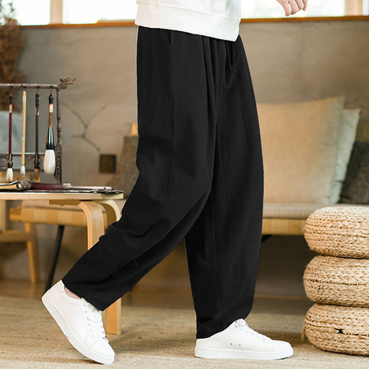 Pantaloni harem da uomo in cotone e lino tinta unita con coulisse e tasche, motivo Buddha Stones